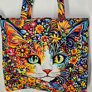 Quilted Psychedelic Cat Floral Art Tote Bag 17" x 15"